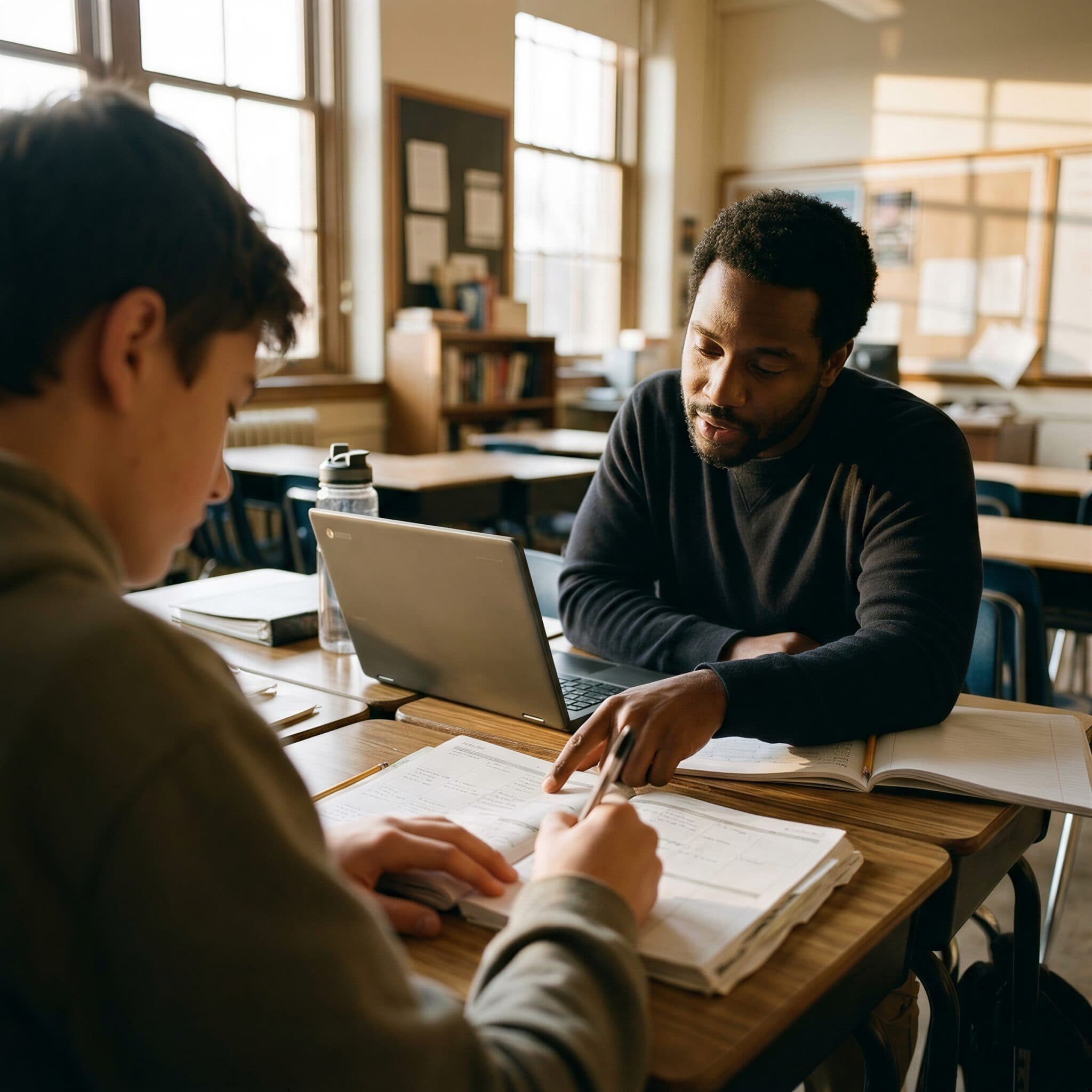 A student and a coach go over a planner together at a desk in a sunlit classroom.