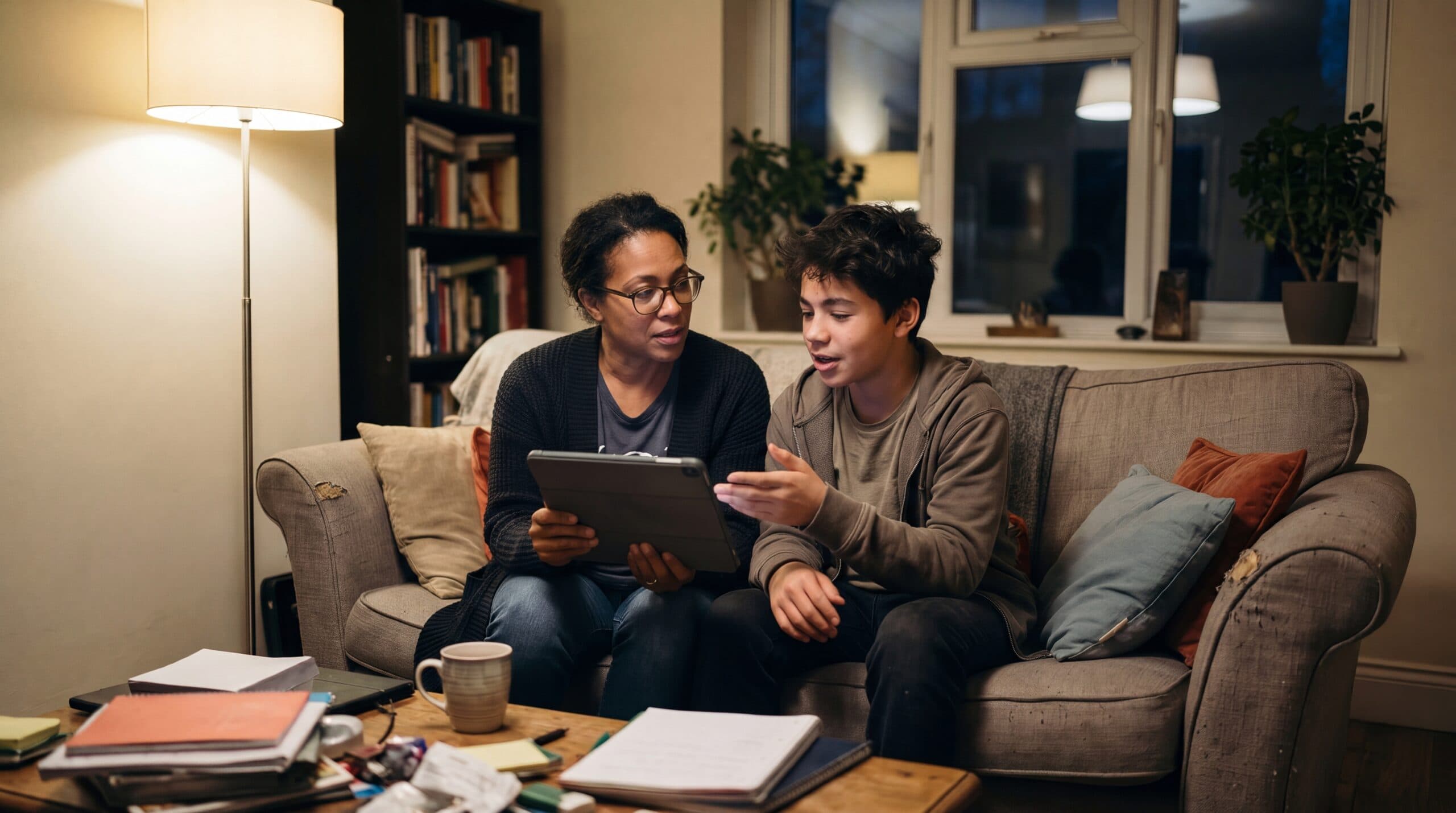 A parent and a teenager sit on a sofa and look at a tablet together.